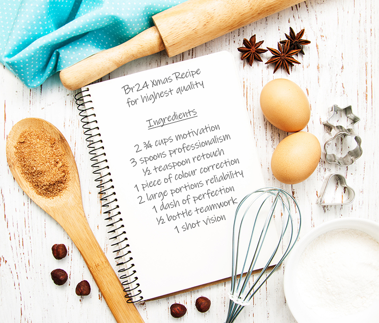 Br24 Blog Christmas recipe for highest quality: open recipe book with eggs, nuts, flour and baking utensils