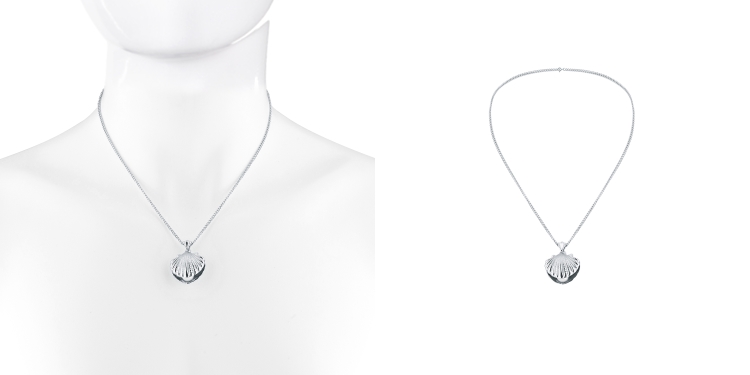 Br24 Blog Ghost Model: Silver necklace with shell pendant, before and after comparison of Ghostmodel retouching for jewellery