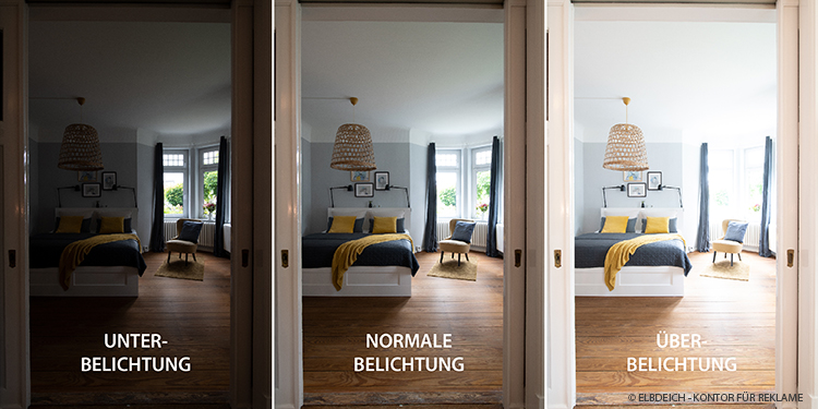 Br24 Blog HDR-Bracketing: Fotos eines Schlafzimmers mit unterschiedlichen Belichtungen (unterbelichtet, normal belichtet und überbelichtet)