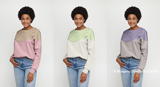Br24 Kleidung, Umfärber: Drei identische Bilder eines weiblichen Models, das einen Pullover in verschiedenen Farben trägt