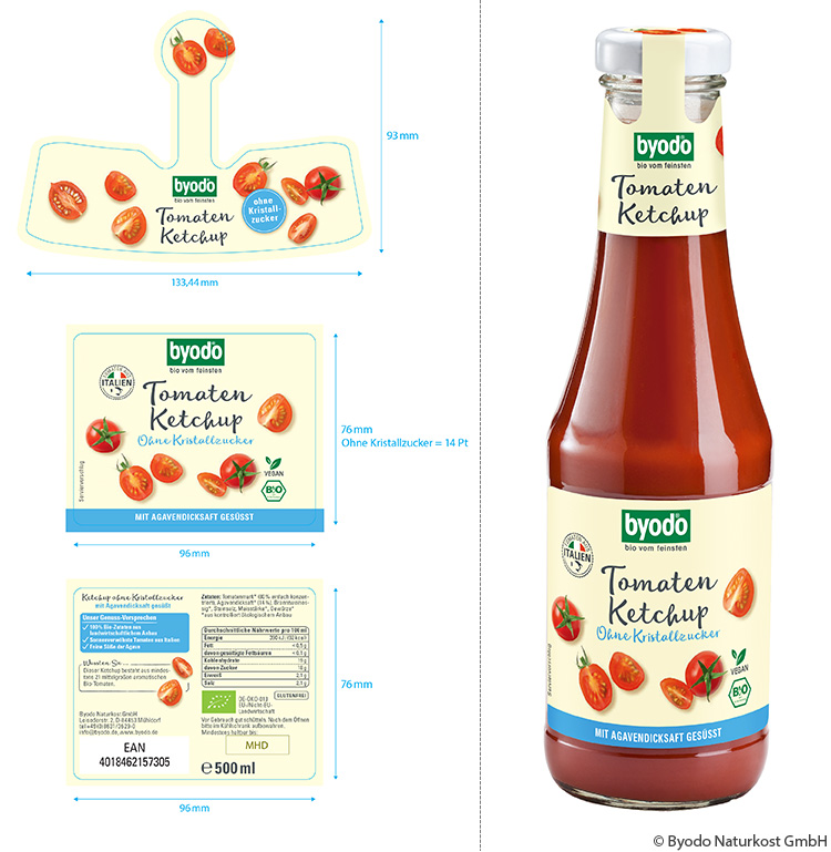 Br24 Blog Verpackungs-Mockups: Ketchupflasche mit integriertem Etikett und die Einzelteile des Etiketts aus dem Reinzeichnungs-PDF