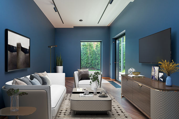 Br24 Virtual Staging after: contemporary furnished living room with blue walls