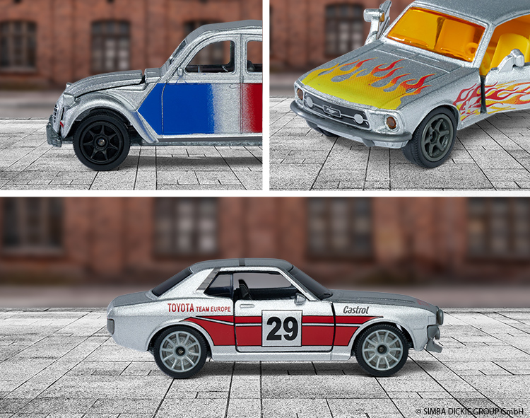 Br24 Key Visuals for e-commerce: Three photos of toy cars in real-life settings