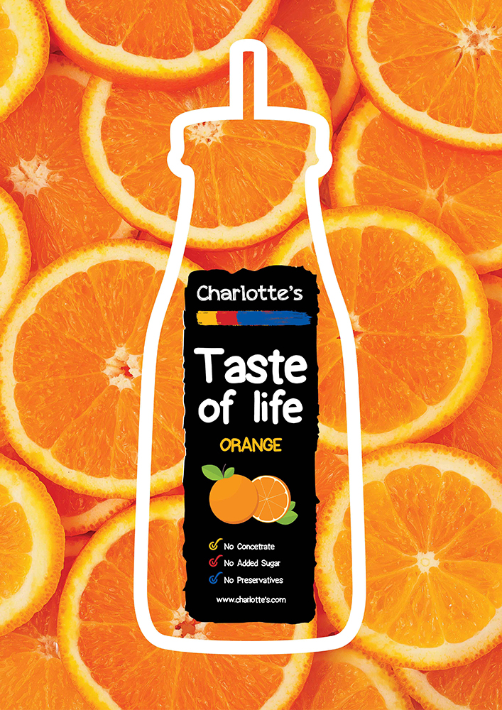 Br24 Werbung & Marketing, Layoutgestaltung: weiße Kontur einer Flasche und Flaschenetikett auf Hintergrund mit Orangen