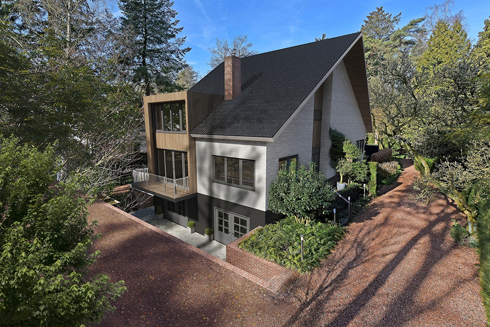 Br24 Architektur & Immobilien: Außenansicht eines Einfamilienhauses nach Modernisierung und Renovierung mit Virtual Renovation