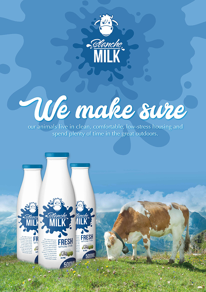 Br24 Layout Design: poster layout for a milk brand including milk bottles