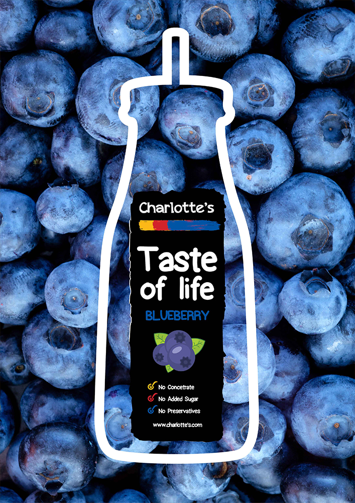 Br24 Werbung & Marketing, Layoutgestaltung: weiße Kontur einer Flasche und Flaschenetikett auf Hintergrund mit Blaubeeren