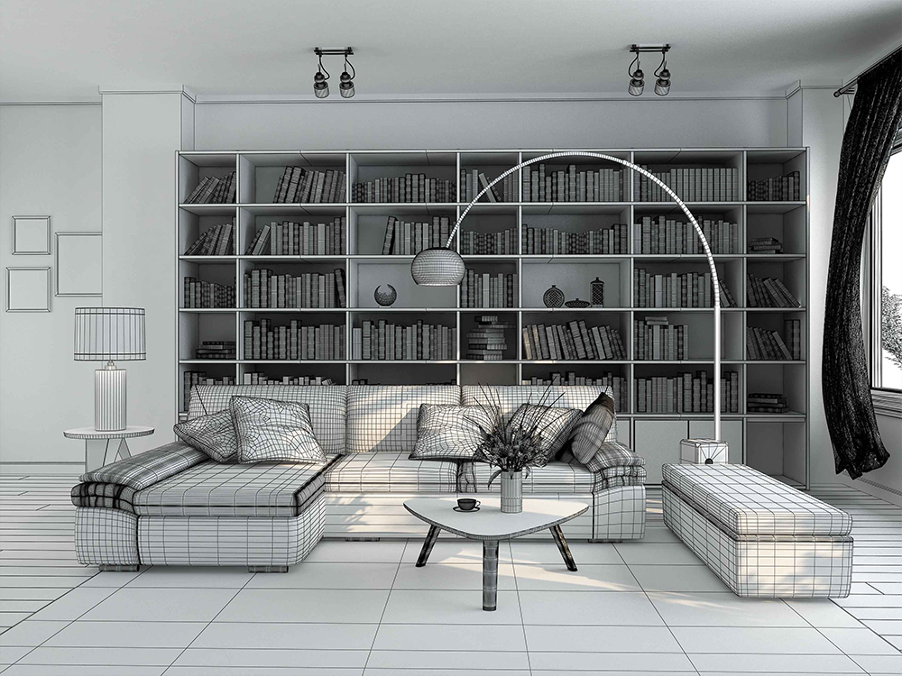 Br24 Architecture & Real Estate: 3D/CGI model of a living room in greyshade before rendering