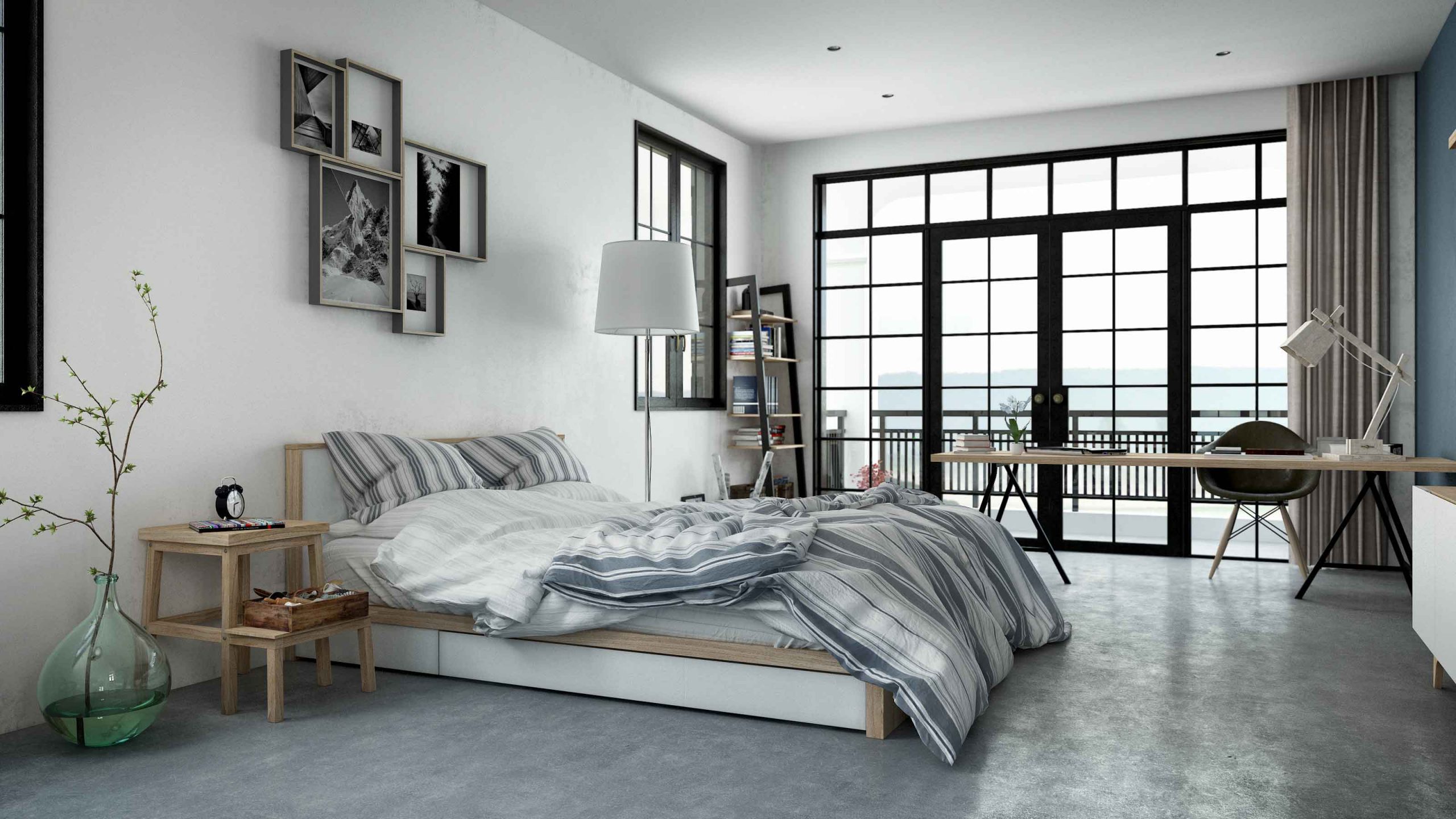 Br24 CGI/3D: Rendered view of a modern bedroom with a window front and a desk